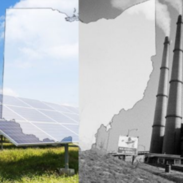 Map of Ohio over coal plant image and green meadow image