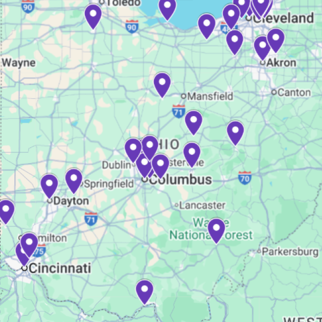 Ohio map with purple dots