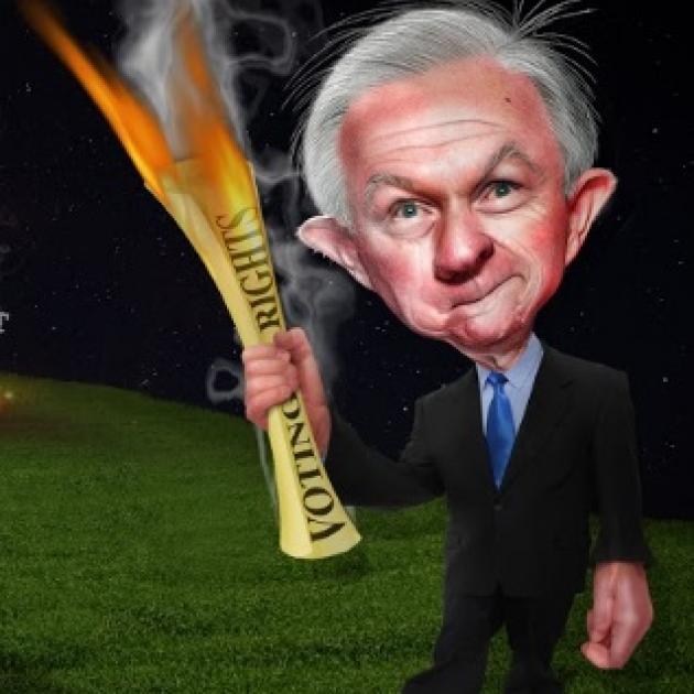 Cartoon of weird looking gray haired man with big ears in a suit holding a fiery torch made of a rolled up paper that says Voting Rights on it