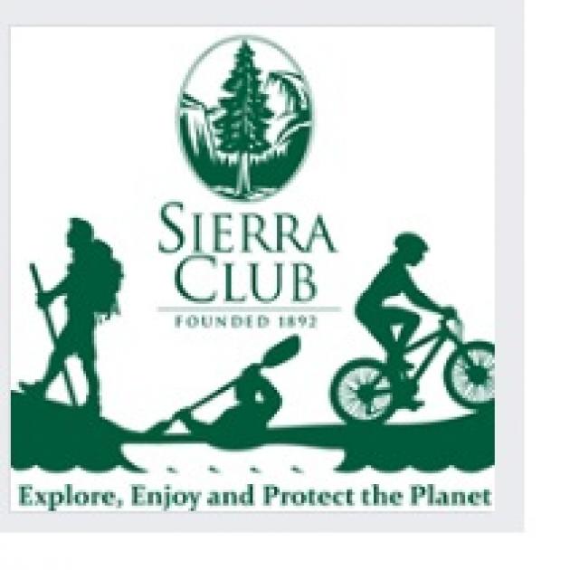 Green and white logo with a bi tree against mountains above the words Sierra Club and below people hiking, biking and kayaking