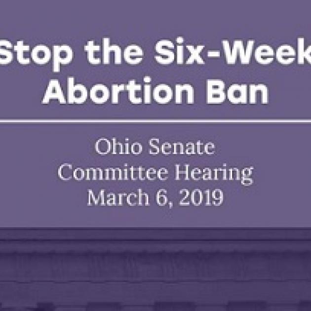 words Six Week Abortion Ban against blue background and details about event