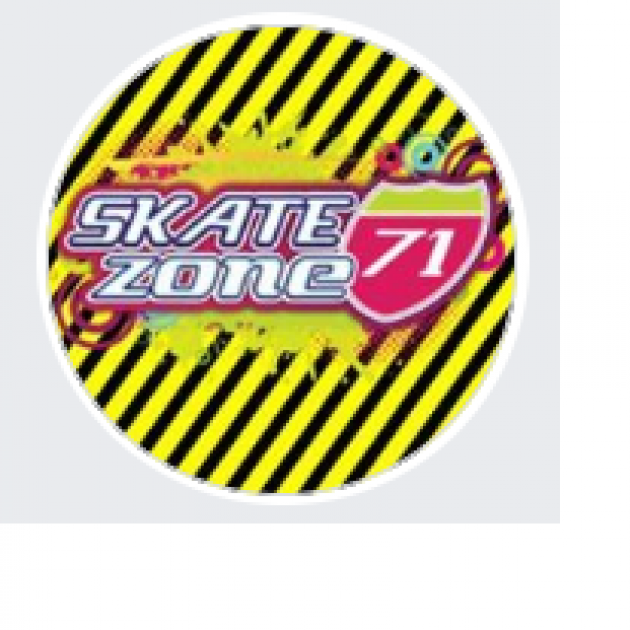 Round circle with yellow and black diagonal stripes and words SkateZone 71