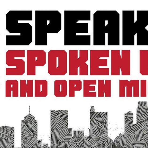 The words BqiC presents Speak Spoken and Open with columbus skyline at the bottom