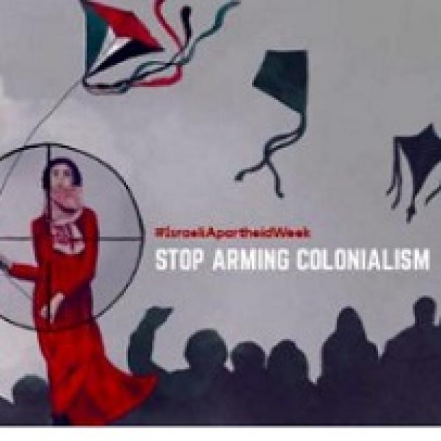 Words Stop Arming Colonialism and drawing of woman with a kite and other kites in the air and people below with fists in air