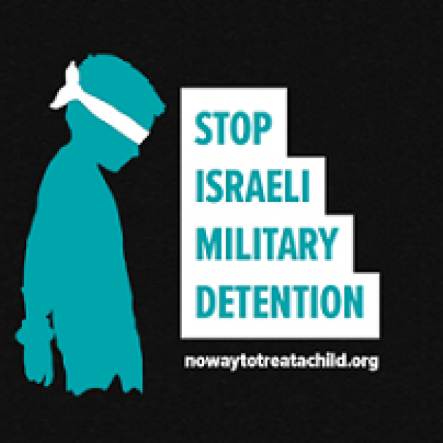 Drawing of person with blindfold and words Stop Israeli Military Detention