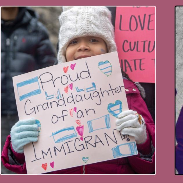 Girl holding pro-immigrant sign and ICE