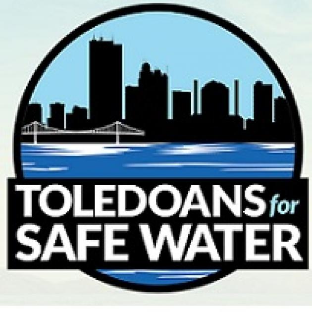 Round logo of a downtown skyline with a bridge and water in front and words Toledians for Safe Water