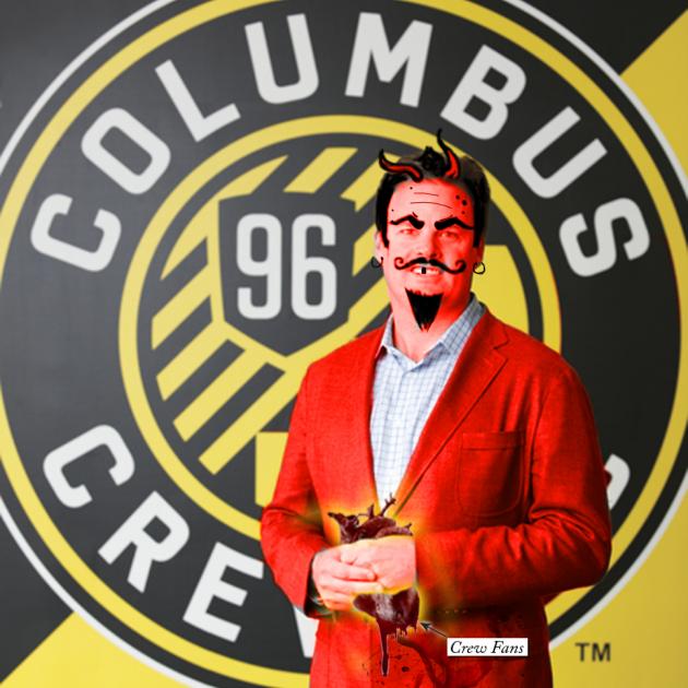 A Circle with the words Columbus Crew in it and the number 96 with cartoonish man wearing a red suite jacket in front with black hair and devil horns, mustache and goatee