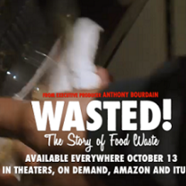 Food container being shoved into a trash container and words Wasted and details about the film