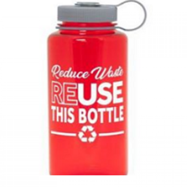 Red water bottle with white top that says on the side Reduce Waste ReUse this bottle