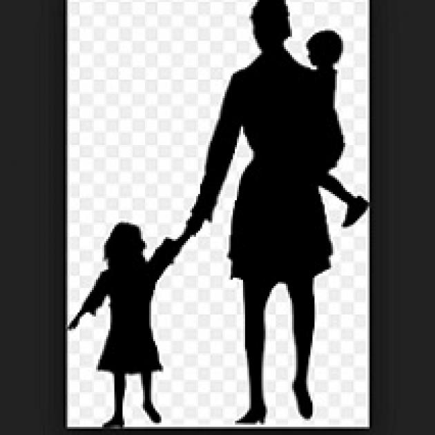 Black silhouette of woman holding the hand of a little girl holding a baby in other arm