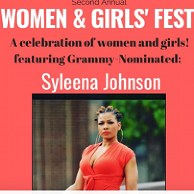 Red background with words Women & Girls' Fest and Syleena Johnson and a photo of a black woman with braids on top and a red dress