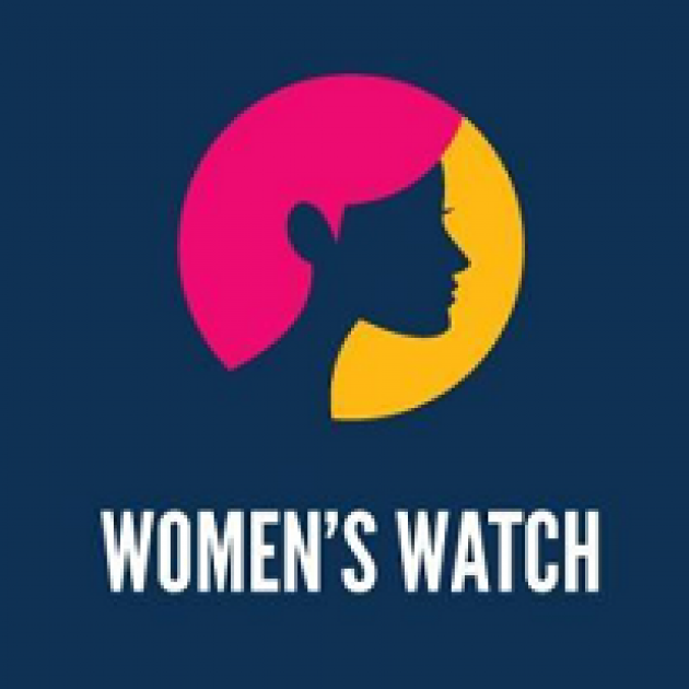 Drawing of side view of woman's head in a circle with red hair and yellow on other side of blue head silhouette with words women's watch