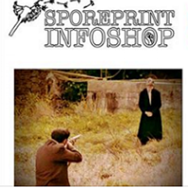 Words Sporeprint Infoshop and a photo of a guy aiming a gun outside at another person