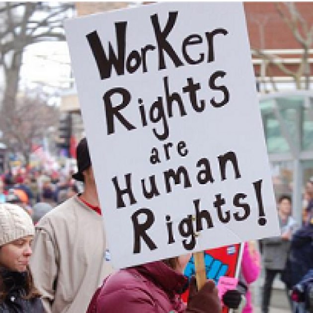 People marching and one closeup of a picket sign reading Worker Rights are Human Rights