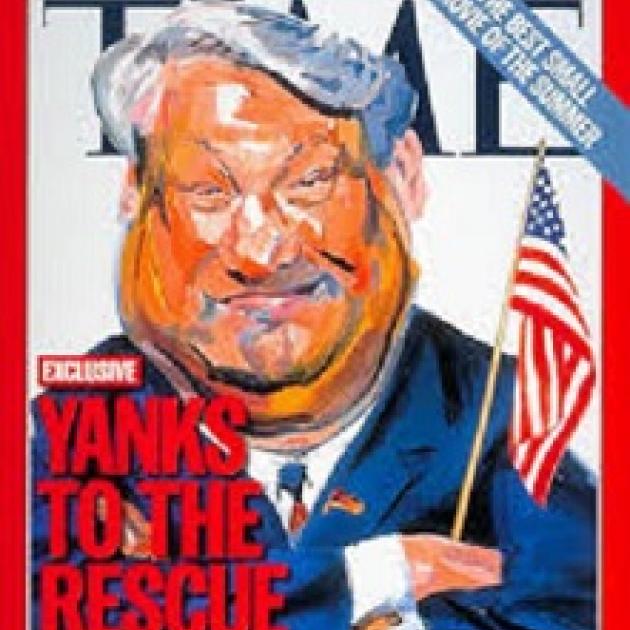 Time magazine cover with heavy white haired man holding American flag and words Yanks to the rescue