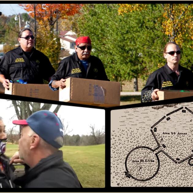 People with boxes, a map