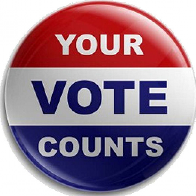Your vote counts on a button in red white and blue