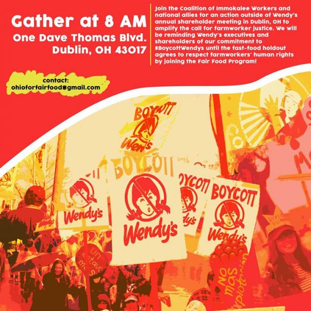 Red and orange picture of people with boycott wendy's signs and details about event