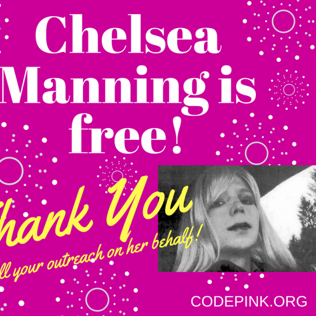 Pink background with photos of blonde woman and words Chelsea Manning is free! Thank  you for all your outreach on her behalf!