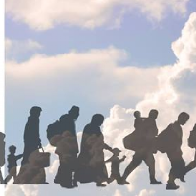 Black silhouettes of people on a walk to the right carrying backpacks and bags