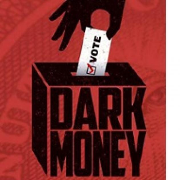 Red background with watermark like dollar bill a drawing of hand putting a paper that says VOTE in a box that says Dark Money on the side