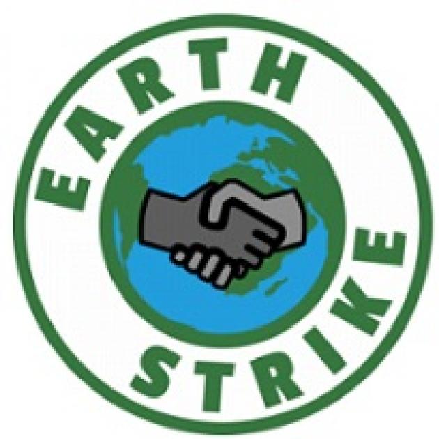 Round circle with two shaking hands in the middle over a earth and the words around it Earth Strike