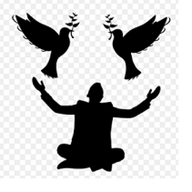 Black against white silhouette of a man sitting cross legged on the ground with his arms spread and two doves above him with leaf twigs in their beaks