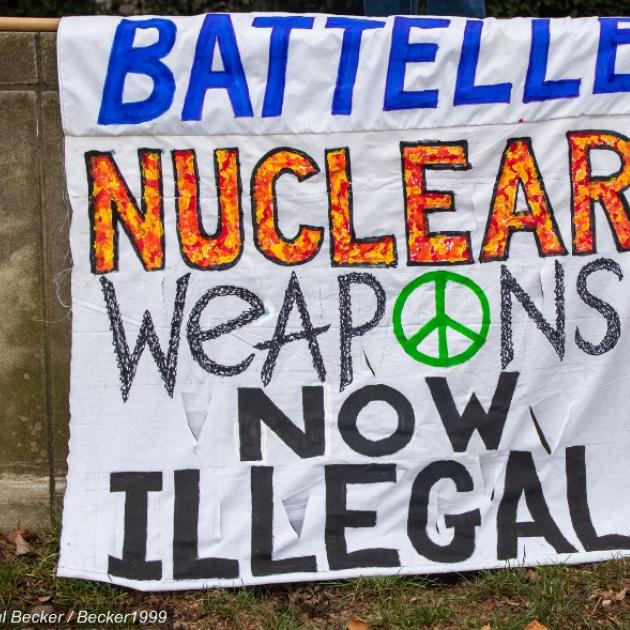 Sign saying Battelle Nuclear weapons now illegal