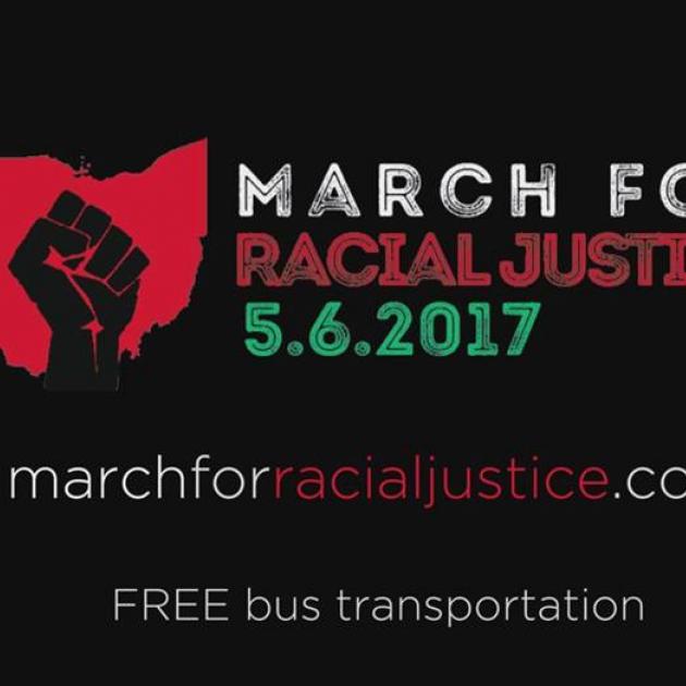 Fist and state of Ohio with words March for Racial Justice