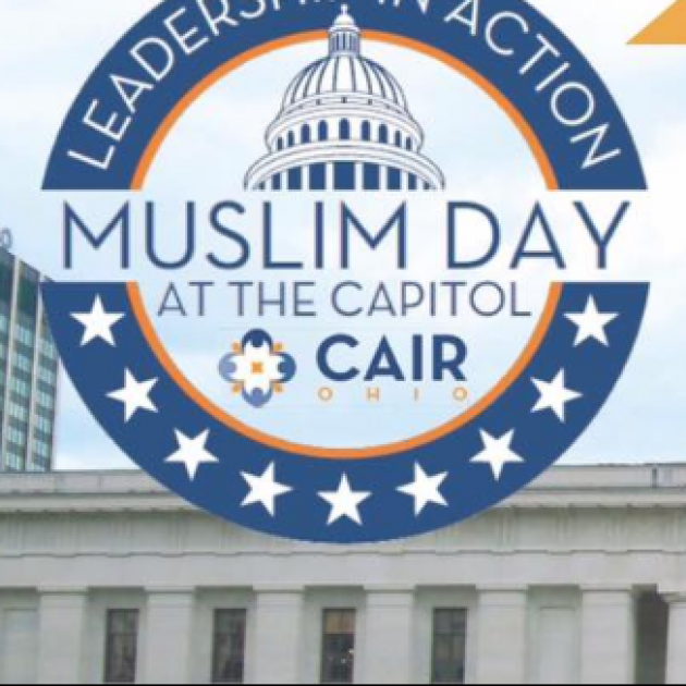 Blue circle with stars at the bottom and the words Leadership in action Muslim day at the capitol and a picture of the statehouse