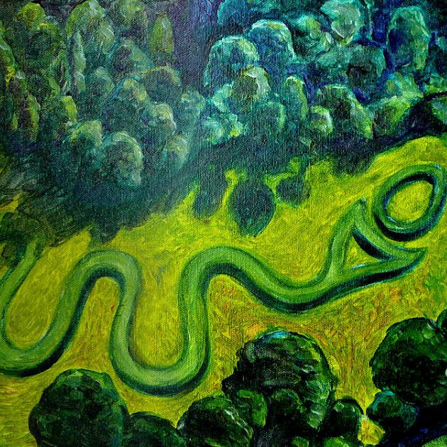 Bird's eye view of the serpent mound, a green snaky looking thing on the ground, surrounded by trees