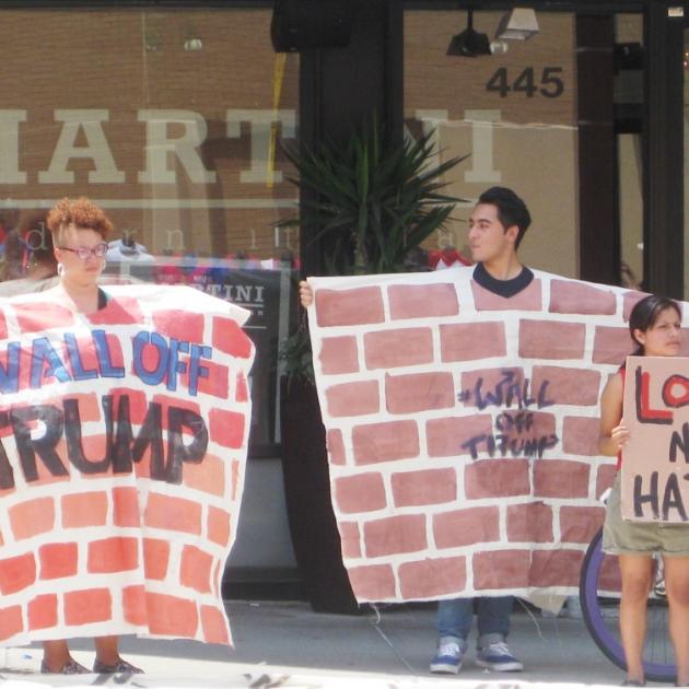 Protesters demontrate across the street from Donald Trump’s town hall at the Columbus Convention Center on August 1.