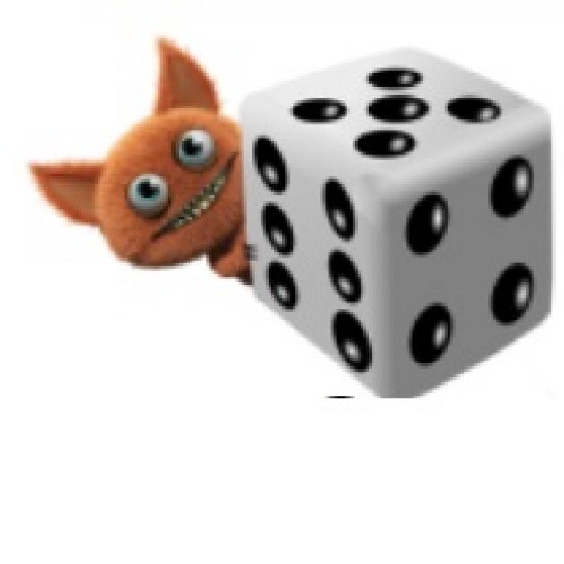 Little pointy-eared creature with big eyes and a toothy smile peeking out from behind a dice