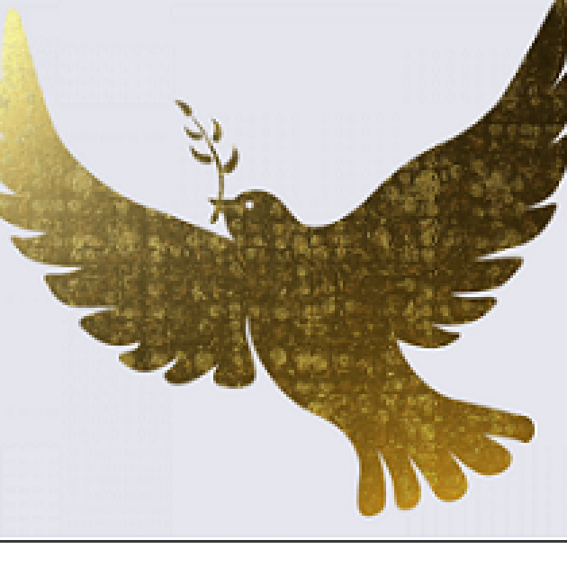 Gold drawing of dove with twig and leaf in its beak