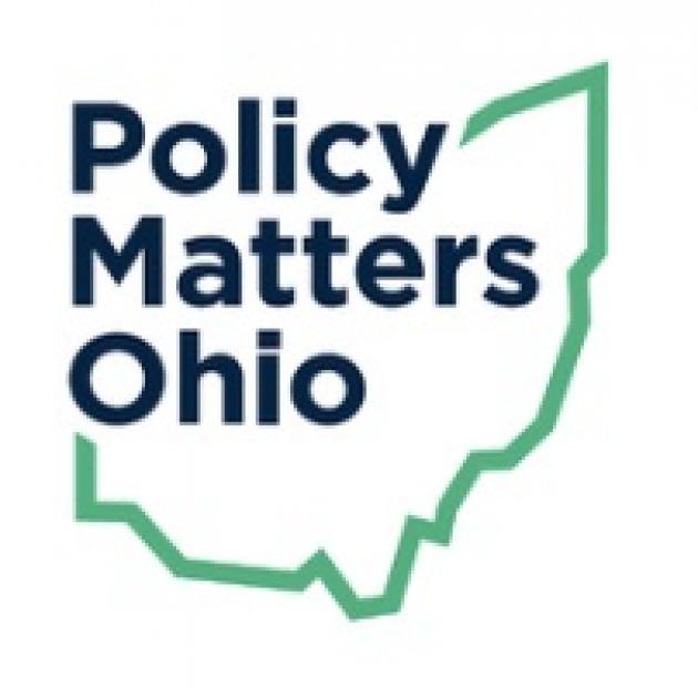 Blue words Policy matters Ohio within a frame of a green Ohio silhouette