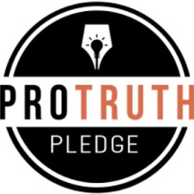 Black circle with lightbulb image in middle top, the word Protruth across the middle in black and orange on white and the word pledge in white below