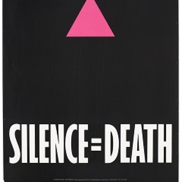 Pink triangle on black background with words Silence equals death