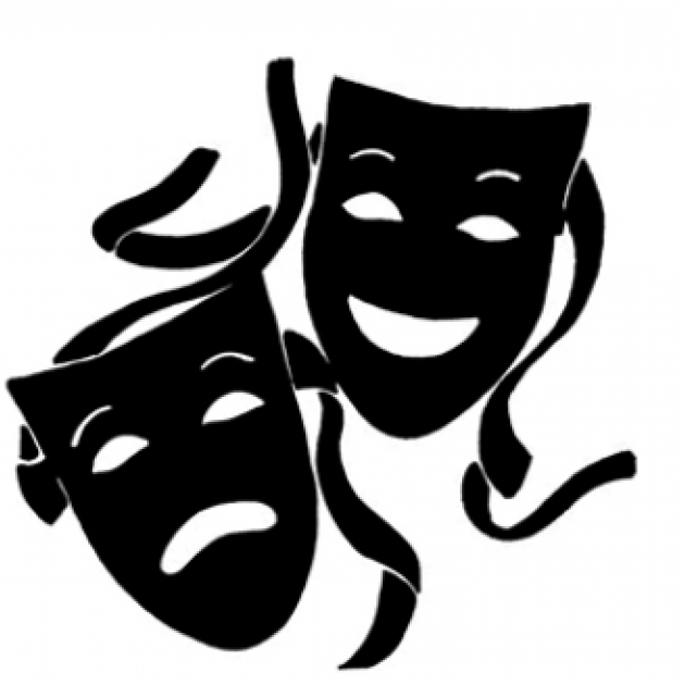 Drawing of two masks, one smiling, one frowning