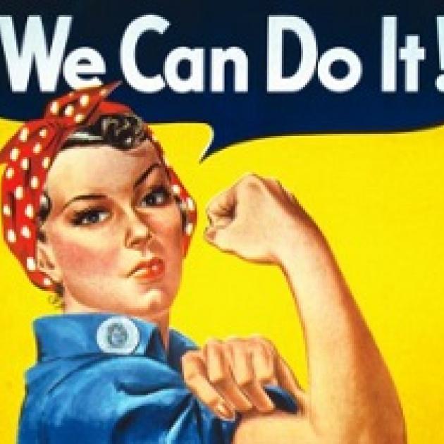 Drawing of white woman with red bandanna on her head making a fist and showing her bulging bicep muscle and above the words We Can Do It