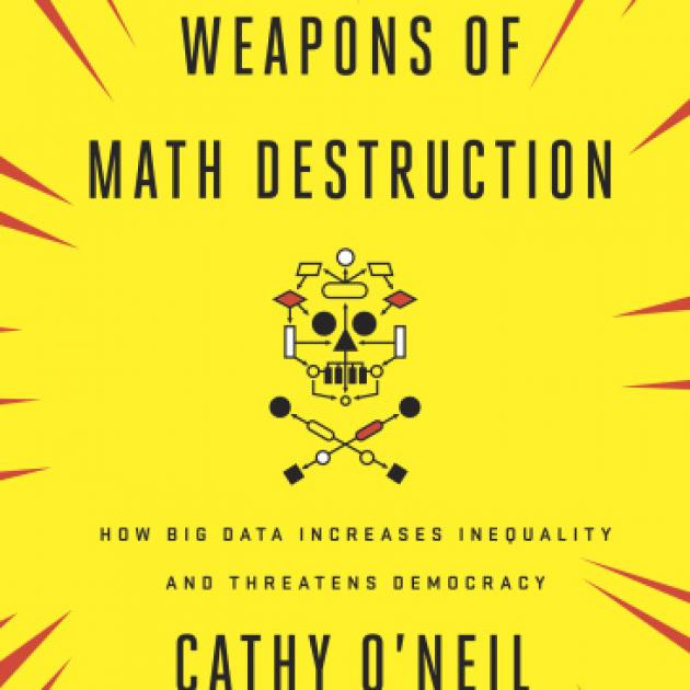 Yellow book cover with title weapons of math destruction and a digital skull and crossbones