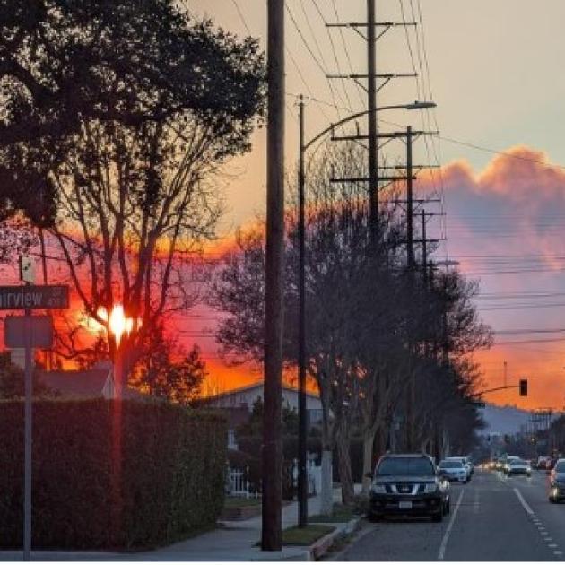 Scene of city street with fires