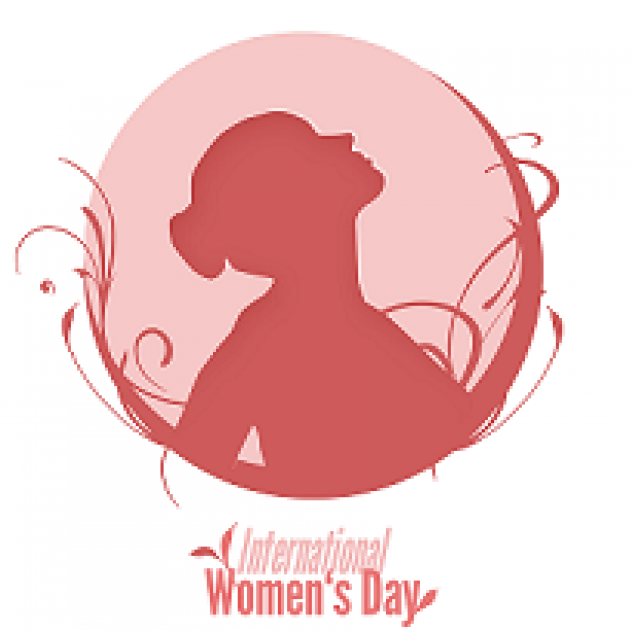 Drawing of a side view of a woman all pink she's looking up and her hair is in a bun and there are squiggly lines around a circular area around her and the words International Women's Day