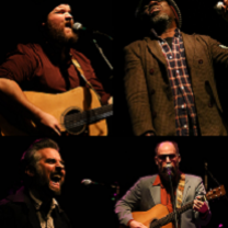 Four photos of men in band put together in one block, top left a white man with a brown beard playing a guitar and signing, top right a black man in a hat and goatee with plaid shirt and brown jacket leaning away from a mic while singing, bottom left a white man with grayish hair mouth wide open at mic and bottom right a bald man playing a guitar at a mic