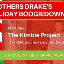 Red background, young boy in pajamas with surprised look on his face, words Brothers Drake Holiday Booigedown featuring the Kimble Project the Klatt Brothers 