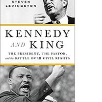 Book cover with photo of John F Kennedy and and MLK both shouting with their fists in the air and the word Kennedy and King