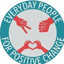 Round blue circle with words everyday people for positive change going around inside a ring in white letters, inside the circle a red hand doing a peace sign, a red hand making and fist and two red hands creating a heart with their fingers together