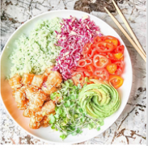 Plate of very brightly colorful food - green, purple, orange, red, yellow
