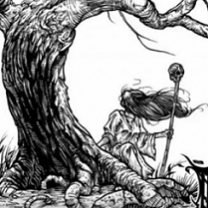 Black and white pen and ink drawing of a little girl with long hair blowing straight out in the wind with a scepter in one hand next to a curvy large trunked tree