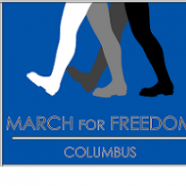 Blue background with three legs walking at top, one white, one gray and one black and the words below March for Freedom Columbus